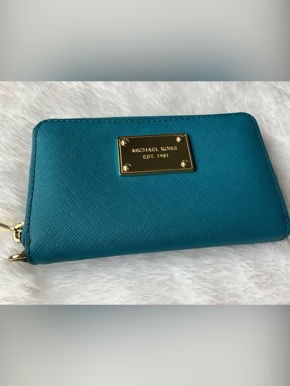 Michael Kors Teal Saffiano Leather Zip Around Wallet Gold Hardware